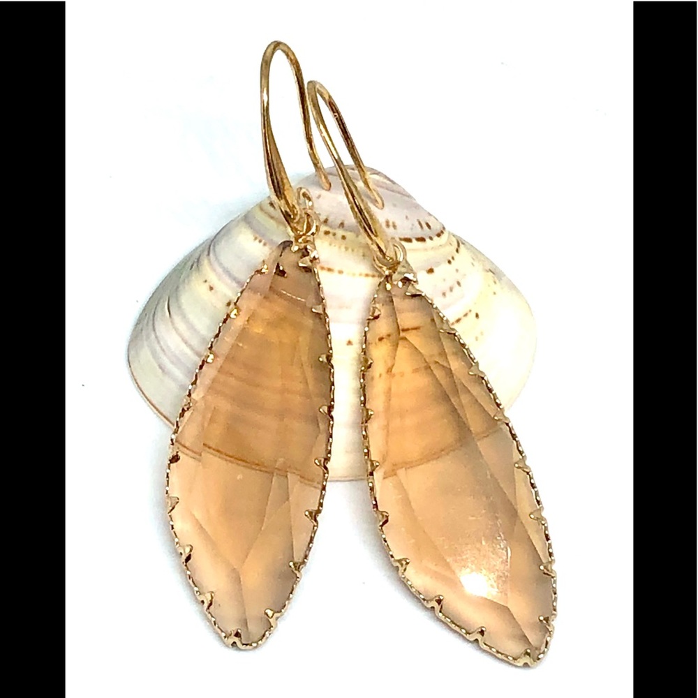 Light Amber Gold Glass Free Form Asymmetric Faceted Teardrop Statement Earrings